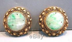 Vintage Chinese Export Gilt Silver Jade Jadeite Filigree Clip Earrings Sterling