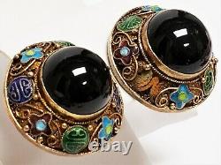 Vintage Chinese Export Gold Wash Sterling Onyx & Enamel Symbol Clip Earrings 1