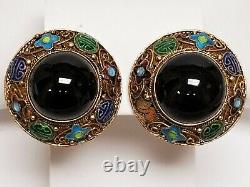 Vintage Chinese Export Gold Wash Sterling Onyx & Enamel Symbol Clip Earrings 1