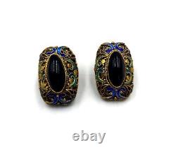 Vintage Chinese Export Gold Wash Sterling Silver Enamel Earrings with Onyx Center
