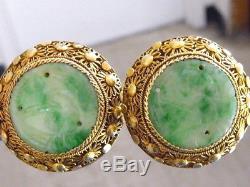 Vintage Chinese Export Sterling Gold Wash Carved Jadeite Jade Button Earrings