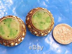 Vintage Chinese Export Sterling Gold Wash Carved Jadeite Jade Button Earrings