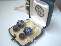 Vintage Chinese Solid Sterling Silver Amethyst Enamel Drop Dangle Earrings Hooks