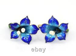 Vintage Chinese Sterling Silver Enamel Pearl Flower Earrings