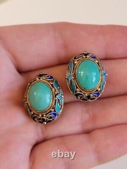 Vintage Chinese Sterling Silver Turquoise Earrings Clips
