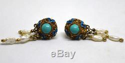 Vintage Chinese Sterling Silver and Turquoise Enamel Filigree Earrings