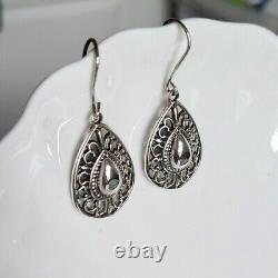 Vintage Chunky Boho Western Filigree Sterling Silver Teardrop Dangle Earrings