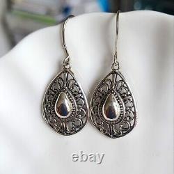 Vintage Chunky Boho Western Filigree Sterling Silver Teardrop Dangle Earrings