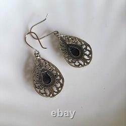 Vintage Chunky Boho Western Filigree Sterling Silver Teardrop Dangle Earrings