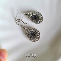 Vintage Chunky Boho Western Filigree Sterling Silver Teardrop Dangle Earrings