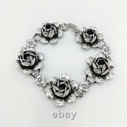 Vintage Coro 1940s Sterling Silver Rose Flower 925 Bracelet 7 and Earrings Set