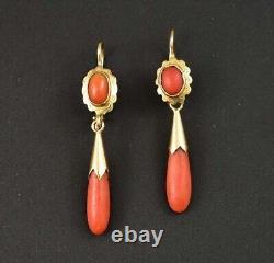 Vintage Dangle Earrings 15Ct Drop Simulated Red Coral 14k Yellow Gold Over 925