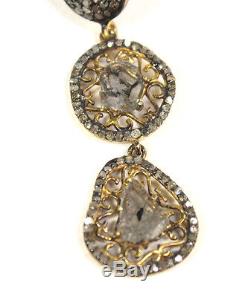 Vintage Dangle Earrings Sliced Diamonds Gold Washed Sterling Silver Setting