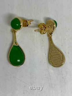 Vintage Dangle Women's Earring Pear Cut Natural Green Jade Sterling Silver 925