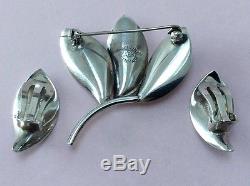 Vintage Danish Sterling Silver Clip On Earrings & Brooch Set 1960