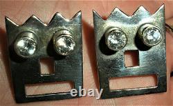 Vintage Dated 1987 Modernist Retro Funky Face Sterling Silver Earrings Cz Stones