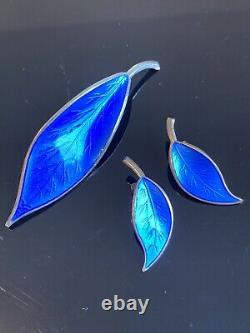 Vintage David Andersen Sterling Silver Blue Guilloche Enamel Set Earrings Brooch