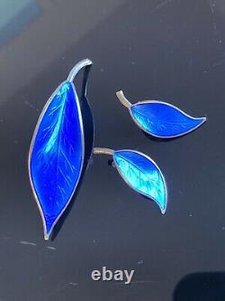 Vintage David Andersen Sterling Silver Blue Guilloche Enamel Set Earrings Brooch