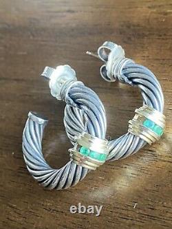 Vintage David Yurman 1 Sterling Silver 14k Gold Emeralds Hoop Earrings