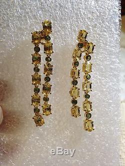 Vintage Deco Style Gemstone Citrine And Emerald Sterling Silver Dangle Earrings