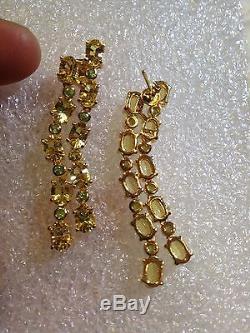 Vintage Deco Style Gemstone Citrine And Emerald Sterling Silver Dangle Earrings