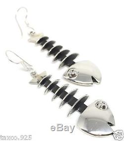 Vintage Design Taxco Mexican 950 Sterling Silver Fish Bone Earrings Mexico