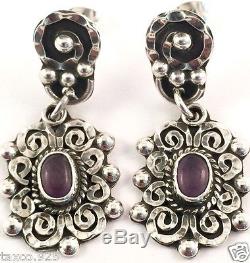 Vintage Design Taxco Mexican Sterling Silver Amethyst Beaded Earrings Mexico
