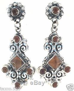 Vintage Design Taxco Mexican Sterling Silver Bead Scroll Amber Earrings Mexico