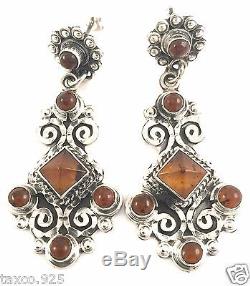 Vintage Design Taxco Mexican Sterling Silver Bead Scroll Amber Earrings Mexico
