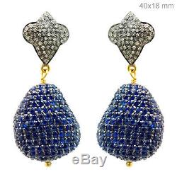 Vintage Diamond Pave 925 Sterling Silver Blue Sapphire Dangle Earrings 14K Gold