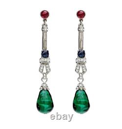 Vintage Drop-Dangle Green Emerald Drops, Blue Sapphire, Red Ruby & CZ Earrings