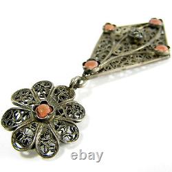 Vintage EARRINGS STERLING SILVER Filigree & Coral Stones FREE SHIPPING