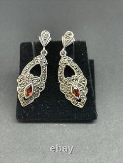 Vintage Earrings Sterling Garnet Red & Marcasite Stones Large Pierced Dangle