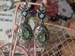 Vintage Earrings Sterling Silver 925, Cubic Zirconia, Chrysoprase Stone