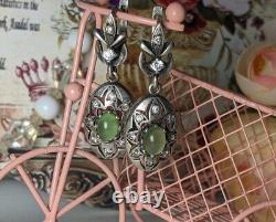 Vintage Earrings Sterling Silver 925, Cubic Zirconia, Chrysoprase Stone