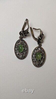 Vintage Earrings Sterling Silver 925, Cubic Zirconia, Chrysoprase Stone