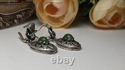 Vintage Earrings Sterling Silver 925, Cubic Zirconia, Chrysoprase Stone