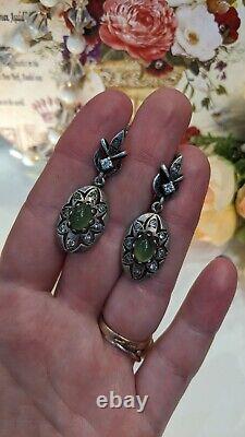 Vintage Earrings Sterling Silver 925, Cubic Zirconia, Chrysoprase Stone