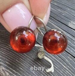 Vintage Earrings Sterling Silver 925 With Stone Amber Women's Jewelry