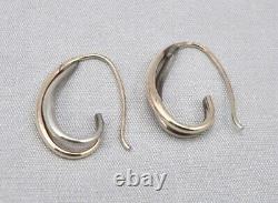 Vintage Ed Levin STERLING Silver 14K GOLD Pierced J hoop Drop EARRINGS Mid-Mod
