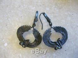 Vintage Egyptian Revival Winged Serpent Sterling Pierced Earrings / FREE SHIP