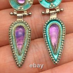 Vintage Enamel Amethyst Sterling Silver Dangle Earrings