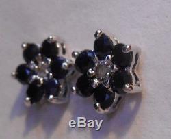 Vintage Estate1.8ct Genuine Sapphire, Diamond 925 Sterling Silver Stud Earrings