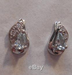 Vintage EstateAquamarine & Clear Gemstone Accents 925 Sterling Silver Earrings