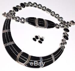 Vintage Estate 950 Sterling Inlay Onyx Necklace, Bracelet Earrings Set, Mexico