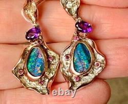 Vintage Estate Chandelier Black Opal Earrings Ruby Rose Curled Edge gold Blue