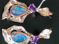 Vintage Estate Chandelier Black Opal Earrings Ruby Rose Curled Edge gold Blue