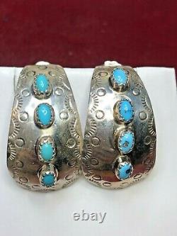 Vintage Estate Sterling Native American Earrings Kingman Turquoise Signed J J