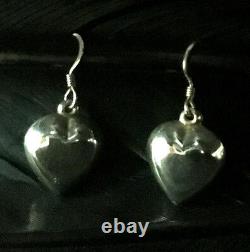 Vintage Estate Sterling Silver 3d Puffy Heart Drop Dangle Earrings 1 1/4 Long
