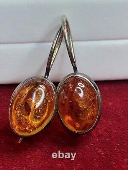 Vintage Estate Sterling Silver Amber Earrings French Earrings Natural Amber